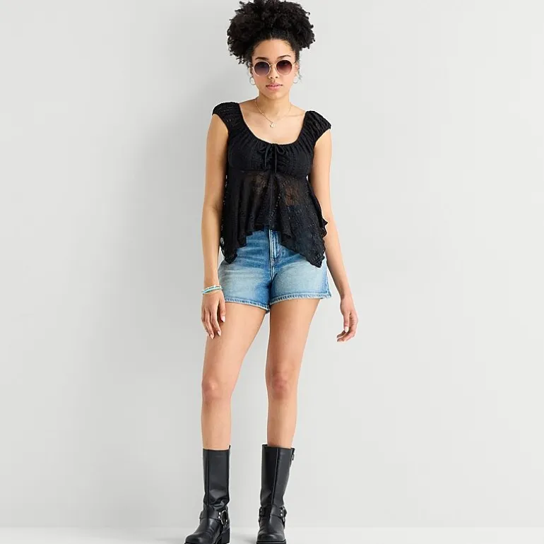 Arizona Womens Juniors Crew Neck Short Sleeve Peasant Top