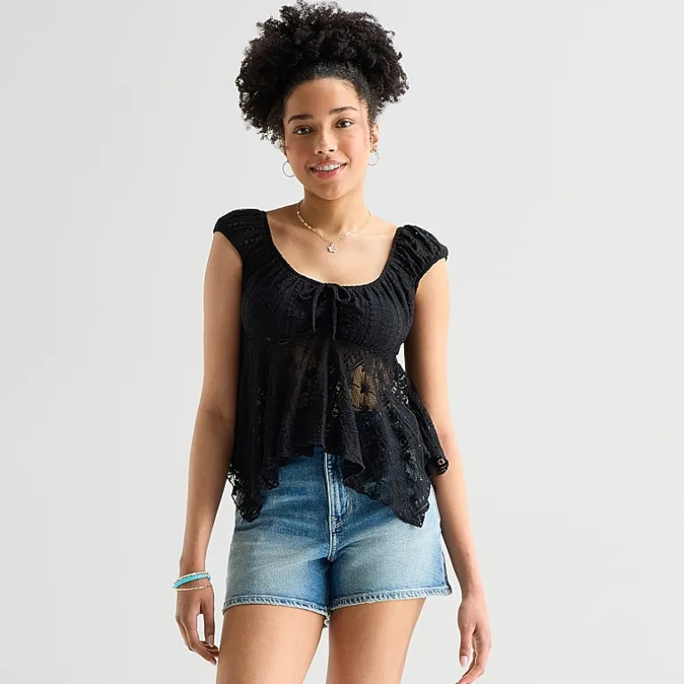 Arizona Womens Juniors Crew Neck Short Sleeve Peasant Top