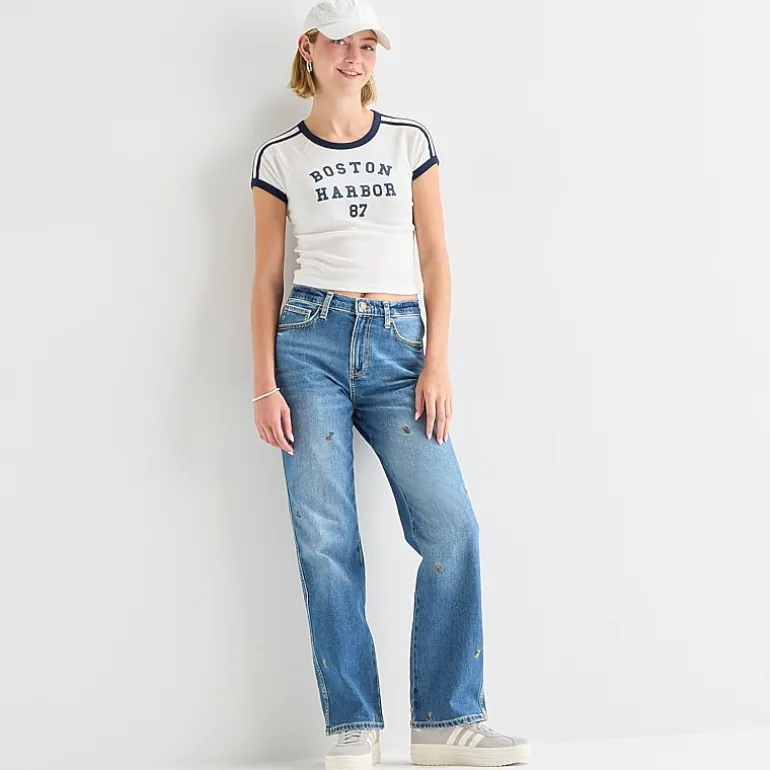 Arizona Womens Juniors High Rise Stretch Fabric Straight Leg Jean