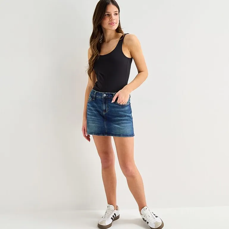 Arizona Womens Juniors Mid Rise Midi Denim Skirt