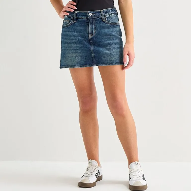 Arizona Womens Juniors Mid Rise Midi Denim Skirt