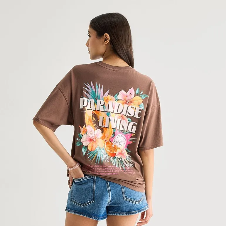 Arizona Womens Juniors Round Neck Short Sleeve Oversized Graphic T-Shirt