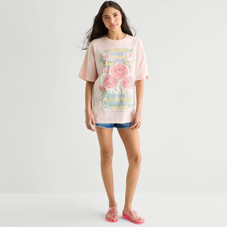 Arizona Womens Juniors Round Neck Short Sleeve Oversized Graphic T-Shirt