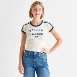 Arizona Womens Juniors Round Neck Short Sleeve Loose Fit Graphic T-Shirt