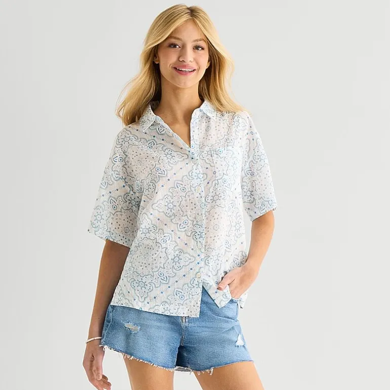 Arizona Womens Juniors Short Sleeve Regular Fit Button-Down Shirt
