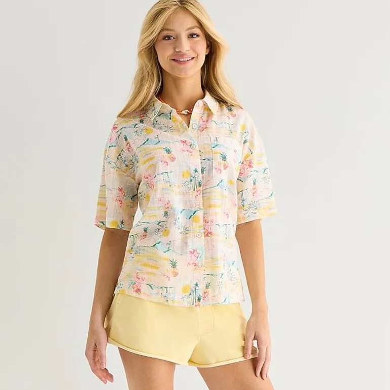 Arizona Womens Juniors Short Sleeve Regular Fit Button-Down Shirt
