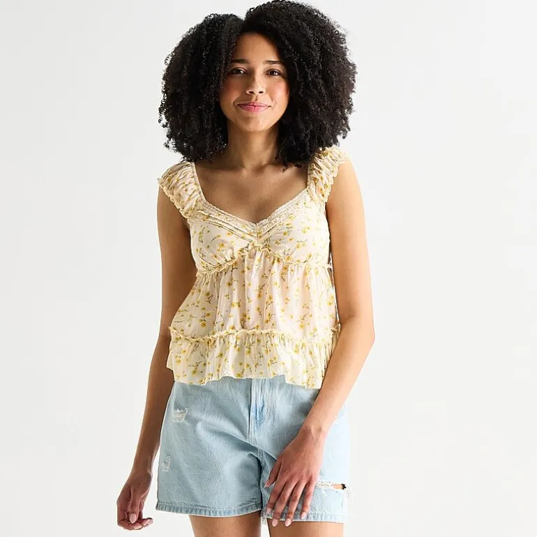 Arizona Womens Juniors Sweetheart Neck Sleeveless Babydoll Top