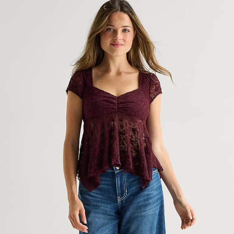 Arizona Womens Juniors Sweetheart Neck Short Sleeve Babydoll Top