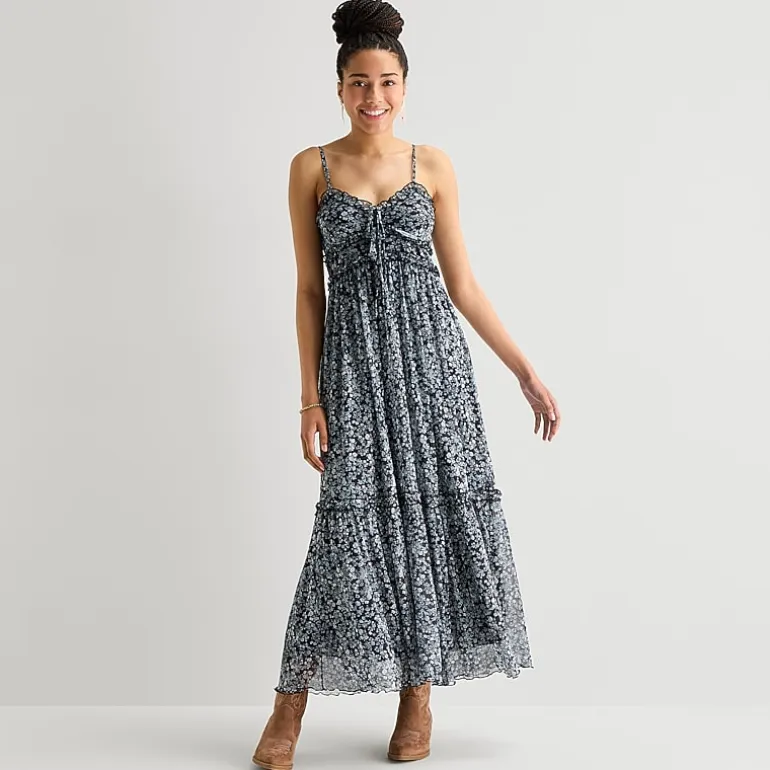 Arizona Womens Juniors V Neck Sleeveless Spaghetti Straps Maxi Dress