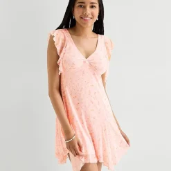 Arizona Womens Juniors V Neck Short Sleeve Babydoll Dress
