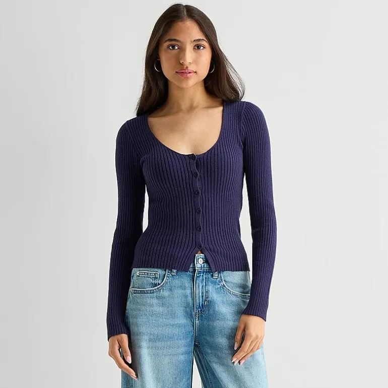 Arizona Womens Juniors V Neck Long Sleeve Button Cardigan