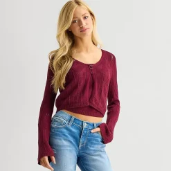 Arizona Womens Juniors V Neck Long Sleeve Button Cardigan
