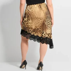Ashley Graham Womens Plus Asymmetric Lace Trimmed Slip Skirt