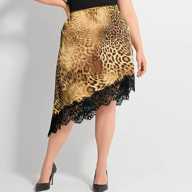 Ashley Graham Womens Plus Asymmetric Lace Trimmed Slip Skirt