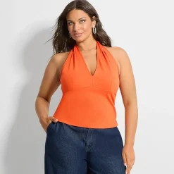 Ashley Graham Womens Plus Halter Neck Sleeveless Blouse