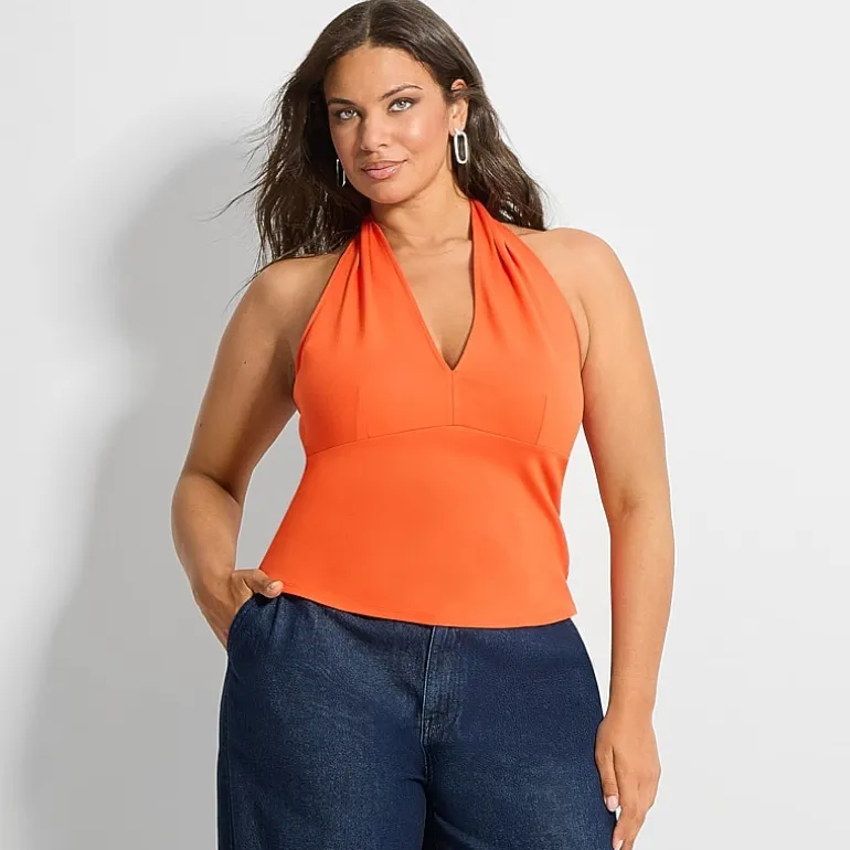 Ashley Graham Womens Plus Halter Neck Sleeveless Blouse