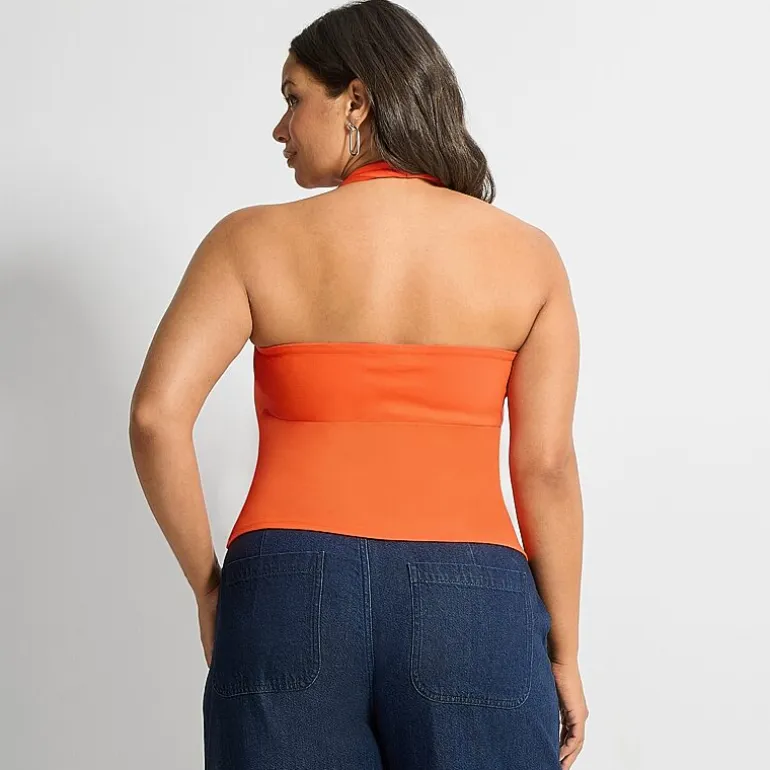 Ashley Graham Womens Plus Halter Neck Sleeveless Blouse