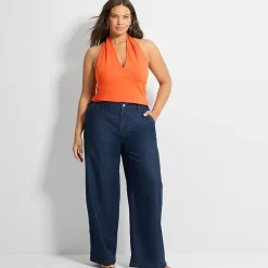 Ashley Graham Womens Plus Halter Neck Sleeveless Blouse