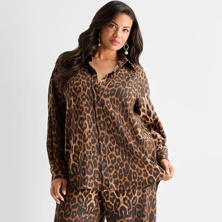 Ashley Graham Womens Plus Long Sleeve Regular Fit Button-Down Shirt