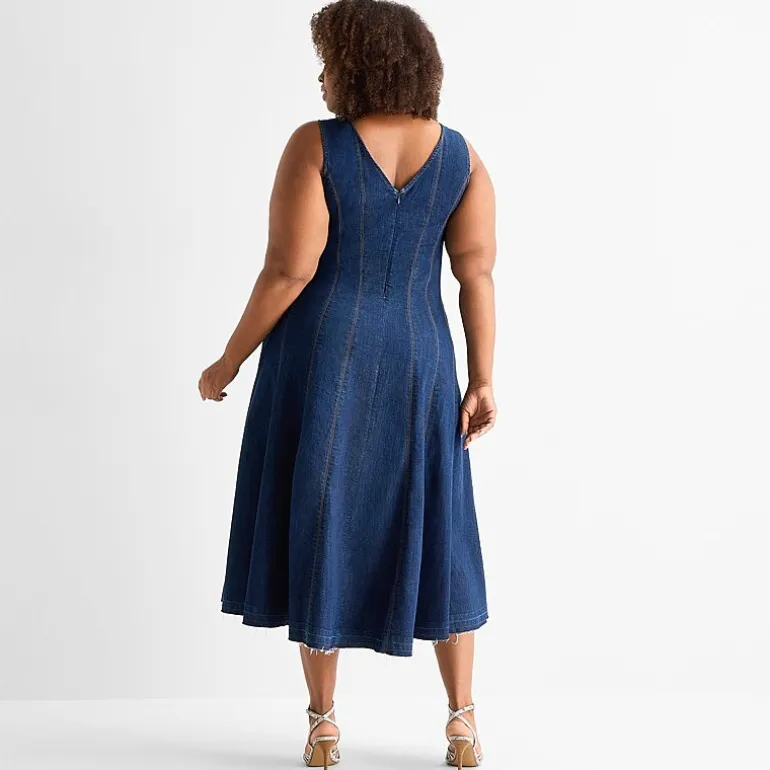 Ashley Graham Womens Plus V Neck Sleeveless A-Line Dress