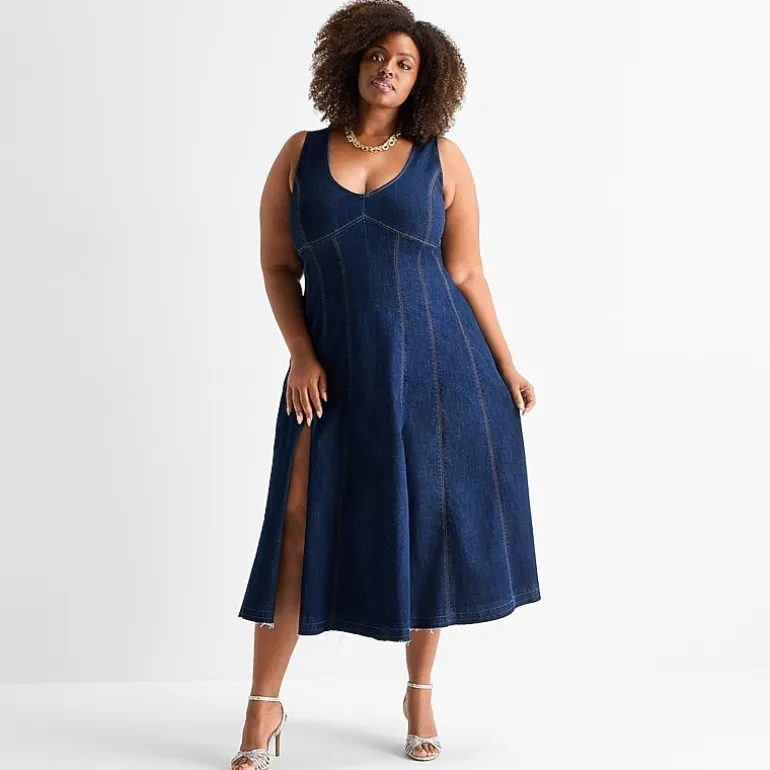 Ashley Graham Womens Plus V Neck Sleeveless A-Line Dress