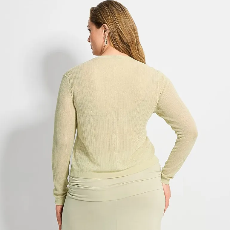 Ashley Graham Women's Sheer Broken Rib Button Front Cardigan