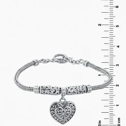 Bali Inspired Womens Sterling Silver Heart Charm Bracelet