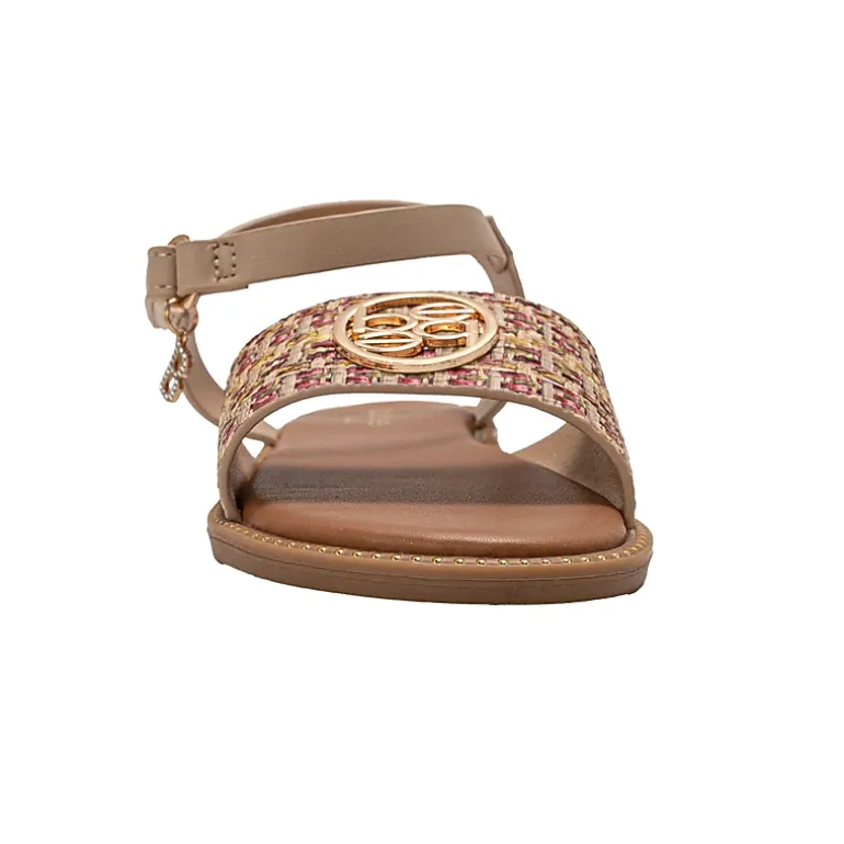 bebe Girl's Fashion Sandals - Dressy Shoes with Raffia Upper and Logo Medallion Accent