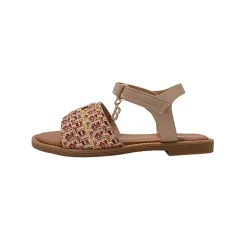 bebe Girl's Fashion Sandals - Dressy Shoes with Raffia Upper and Logo Medallion Accent