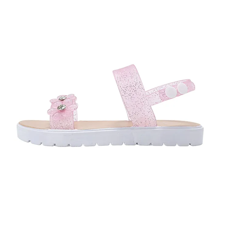 bebe Girl's Glitter Flower Strap Sandals with Rhinestone Accents