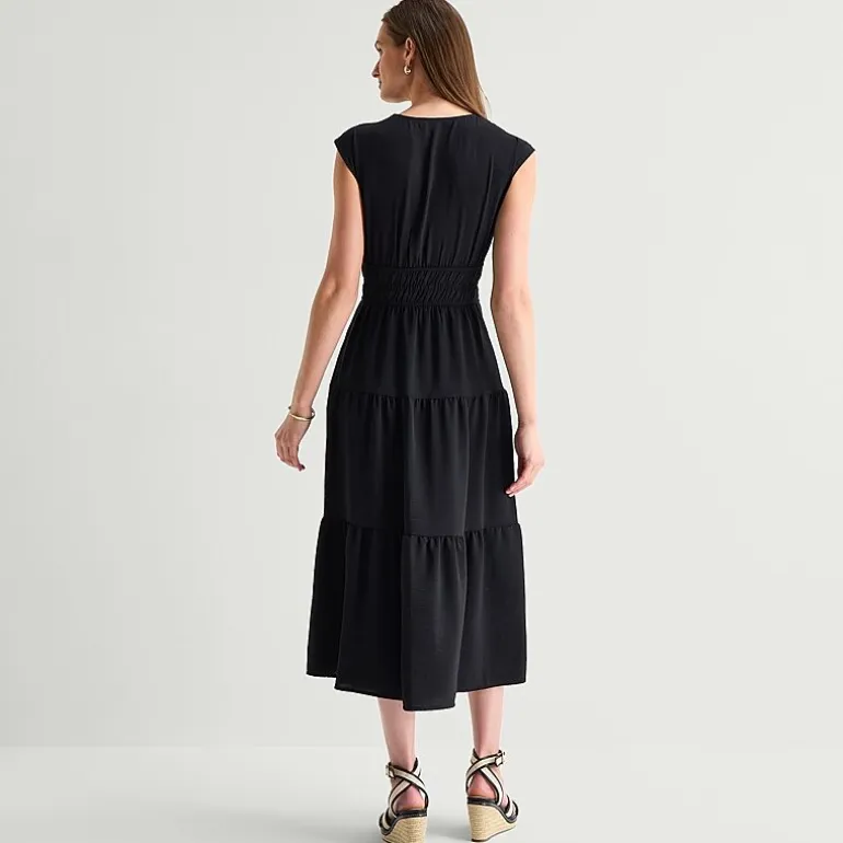 Be by CHETTA B Womens Midi V Neck Short Sleeve Fit + Flare Dress