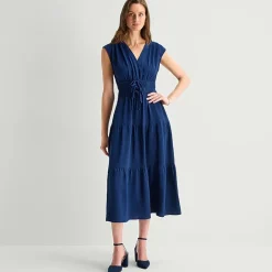 Be by CHETTA B Womens Midi V Neck Short Sleeve Fit + Flare Dress