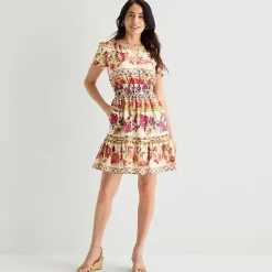 Be by CHETTA B Womens Notch Neck Short Sleeve Fitted Floral Fit + Flare Dress