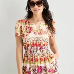Be by CHETTA B Womens Notch Neck Short Sleeve Fitted Floral Fit + Flare Dress