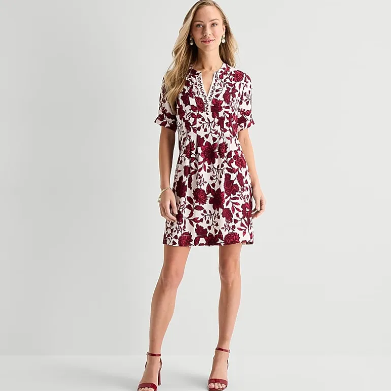 Be by CHETTA B Womens Split Crew Neck Short Sleeve Floral Shift Dress