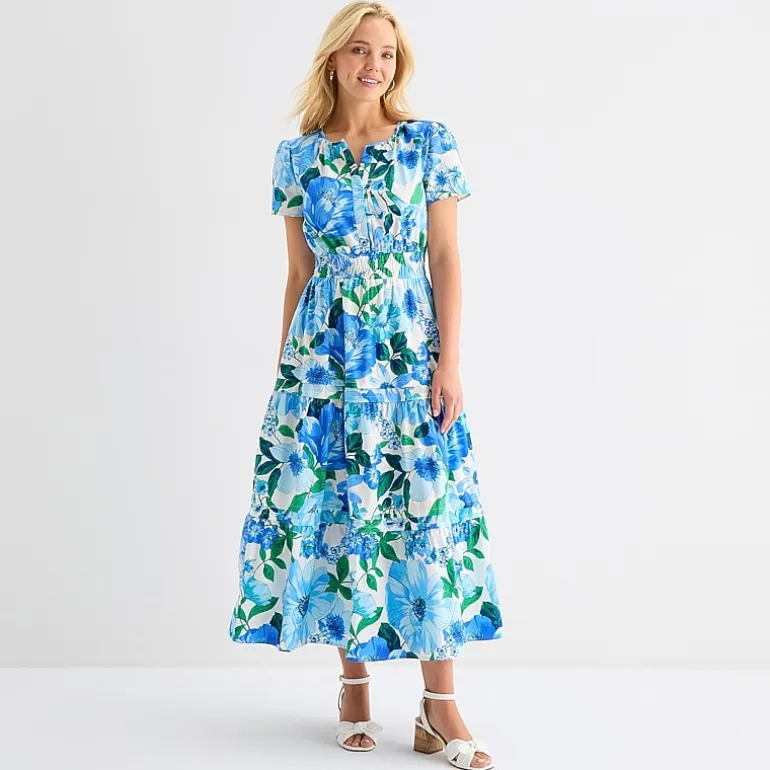 Be by CHETTA B Womens Split Crew Neck Short Sleeve Fitted Maxi Dress