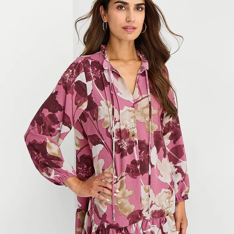 Be by CHETTA B Womens Split Tie Neck Long Sleeve Floral Shift Dress
