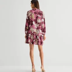 Be by CHETTA B Womens Split Tie Neck Long Sleeve Floral Shift Dress