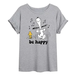 Be Happy Womens Juniors Crew Neck Short Sleeve Oversized Peanuts Snoopy Graphic T-Shirt