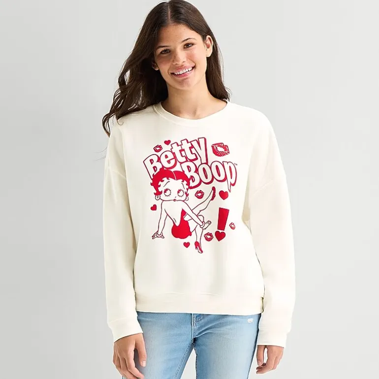 Betty Boop Crew Fleece Womens Juniors Crew Neck Long Sleeve Betty Boop Sweatshirt