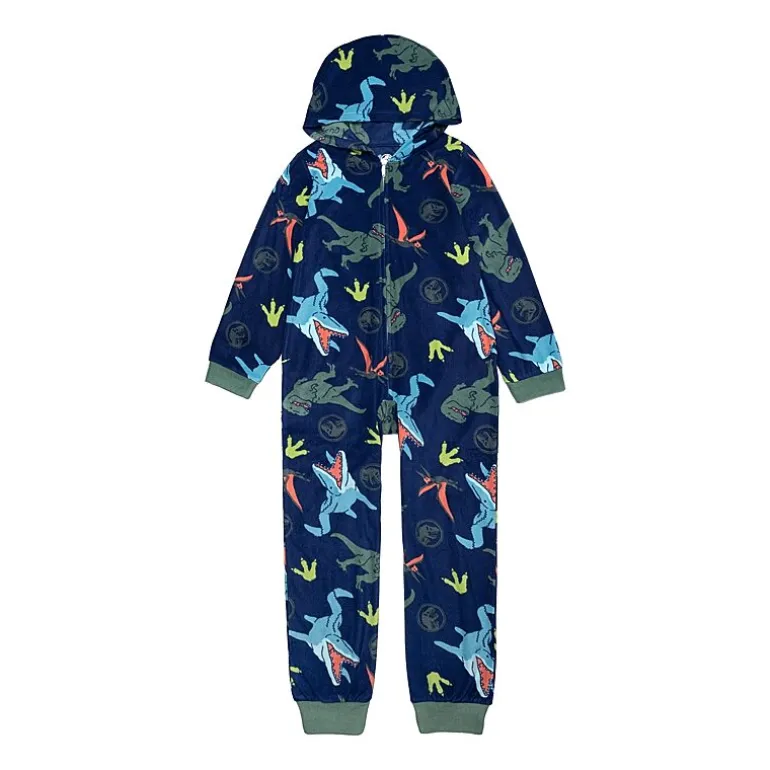 Big Kid Boys Microfleece Long Sleeve Hooded Jurassic World One Piece Pajama