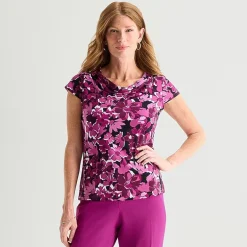 Black Label by Evan-Picone Womens Cowl Neck Short Sleeve Blouse