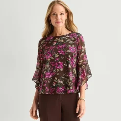 Black Label by Evan-Picone Womens Petite Boat Neck 3/4 Sleeve Blouse