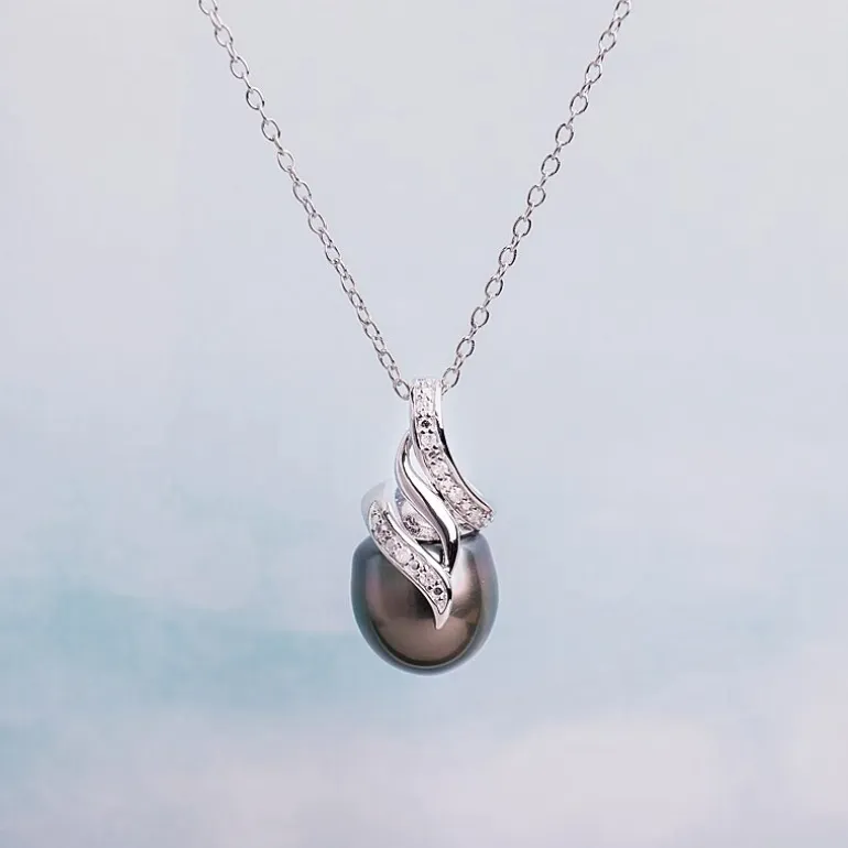 Black Tahitian Pearl & Diamond Accent Sterling Silver Pendant