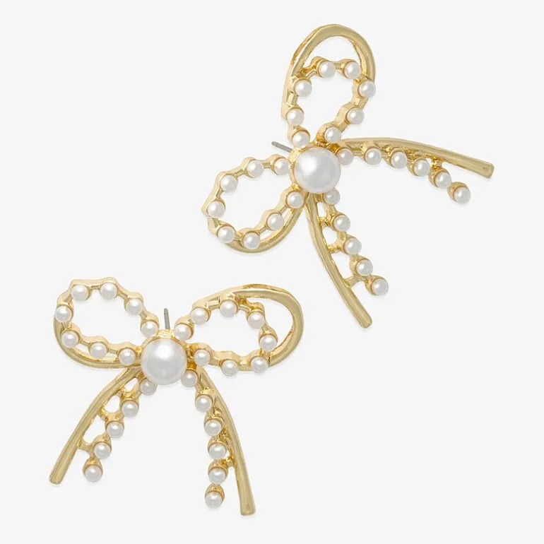 Bold Elements Gold Tone Womens Simulated Pearl Bow Drop Earrings