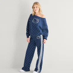 Bottom Womens Juniors Wide Leg Mid Rise Hello Kitty Fleece Sweatpant