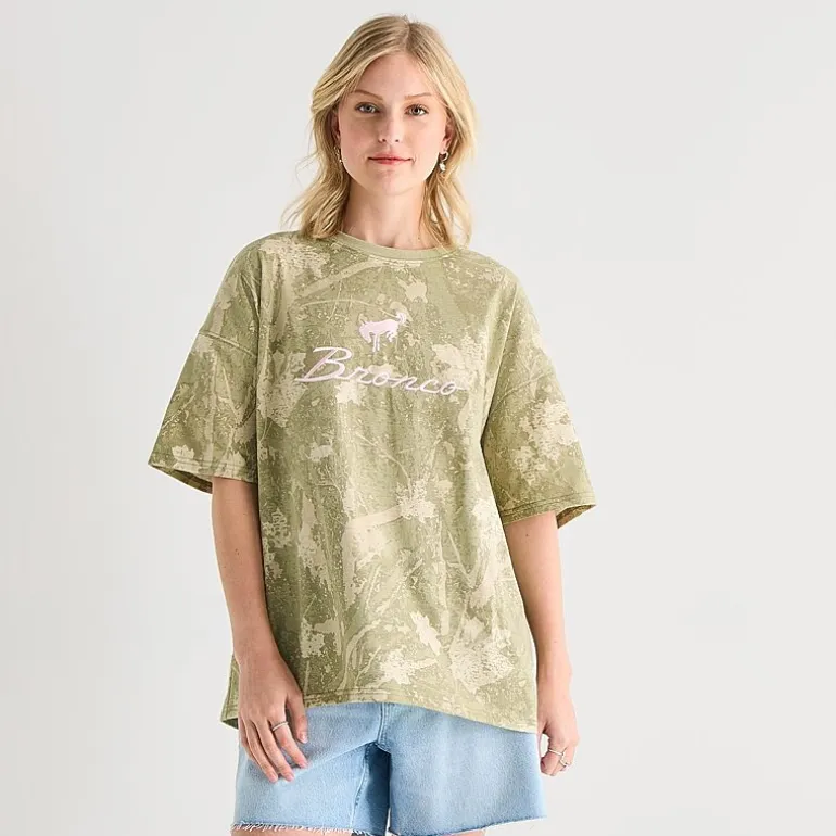 Bronco Camo Tee Womens Juniors Crew Neck Short Sleeve Oversized Graphic T-Shirt