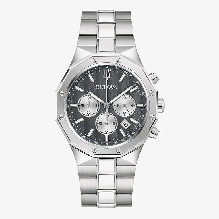 Bulova Prestige Mens Chronograph Silver Tone Stainless Steel Bracelet Watch 96b459