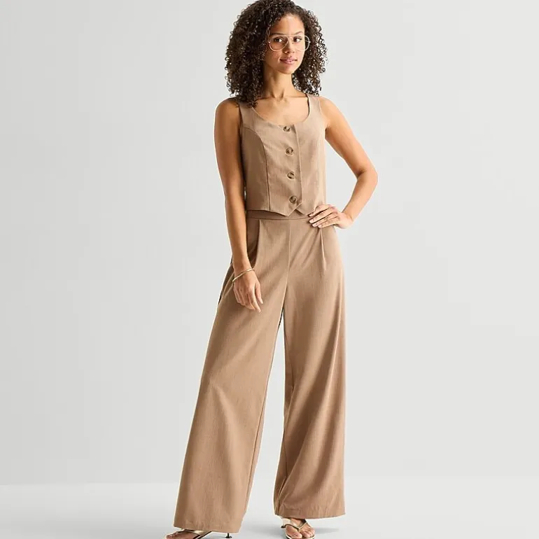 by&by Womens Juniors Wide Leg Mid Rise Flat Front Pant
