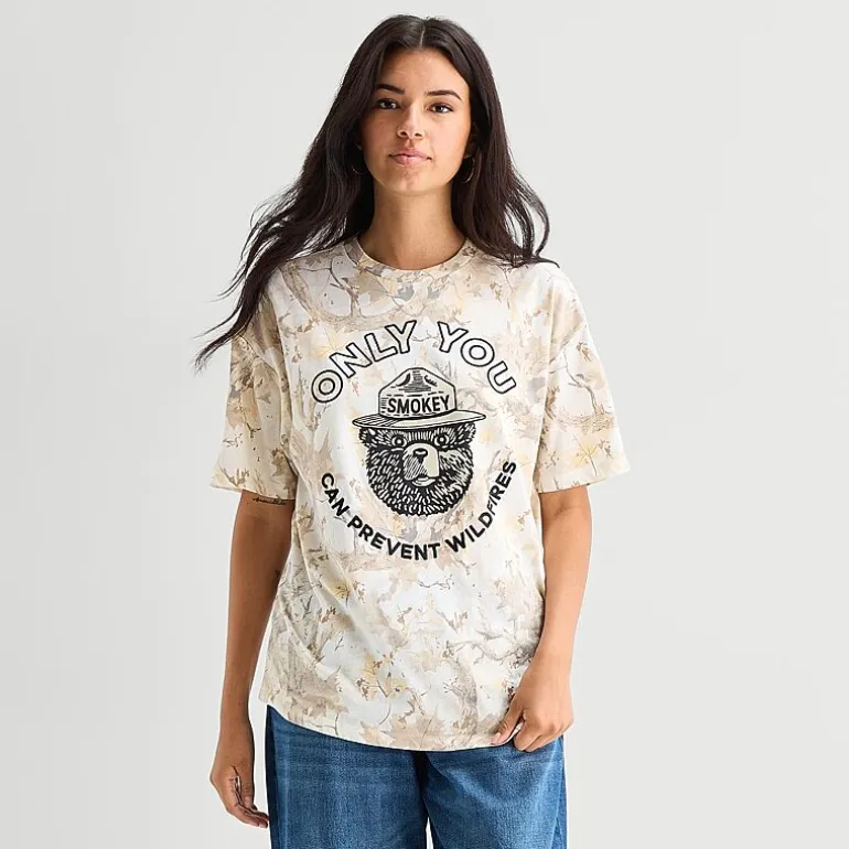 Camo Smokey Bear Oversized Tee Womens Juniors Crew Neck Short Sleeve Oversized Graphic T-Shirt